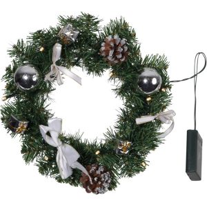 Венок еловый DECORAGE, диаметр 30 см, 10 LED ламп, на батарейках, зелёная хвоя, серебристые украшени